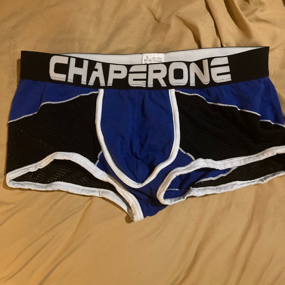 Blue and black part mesh trunks mens large.  Runs small will fit medium